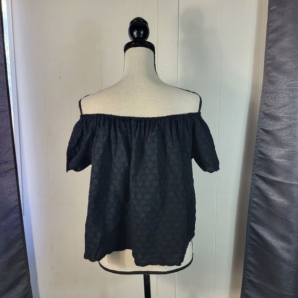 ZARA Black Cotton Eyelet Off The Shoulder Cropped Blouse Size Small - Picture 5 of 5